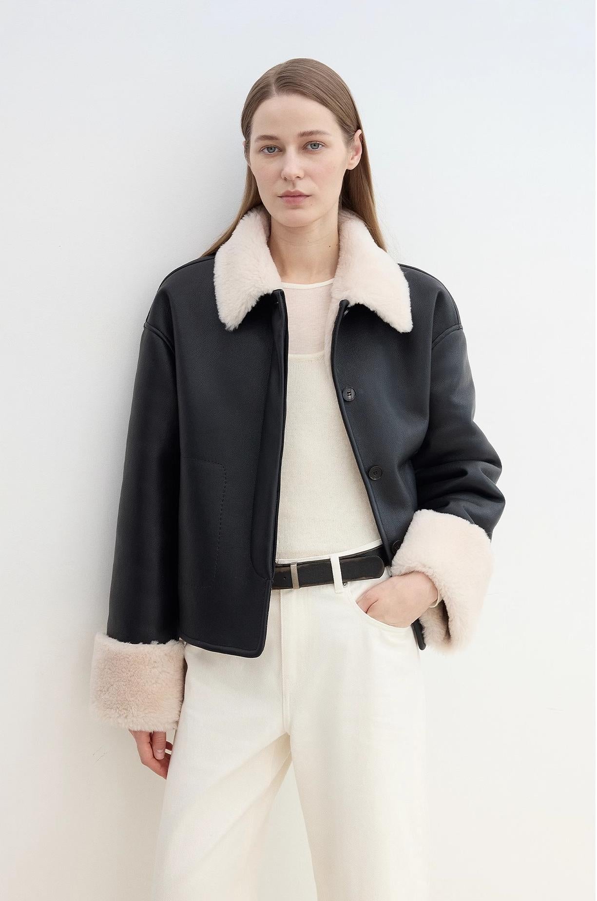 Slightly Sweet Latte Second Generation Furry Lapel Casual Straight Shorn Shearling Jacket-4