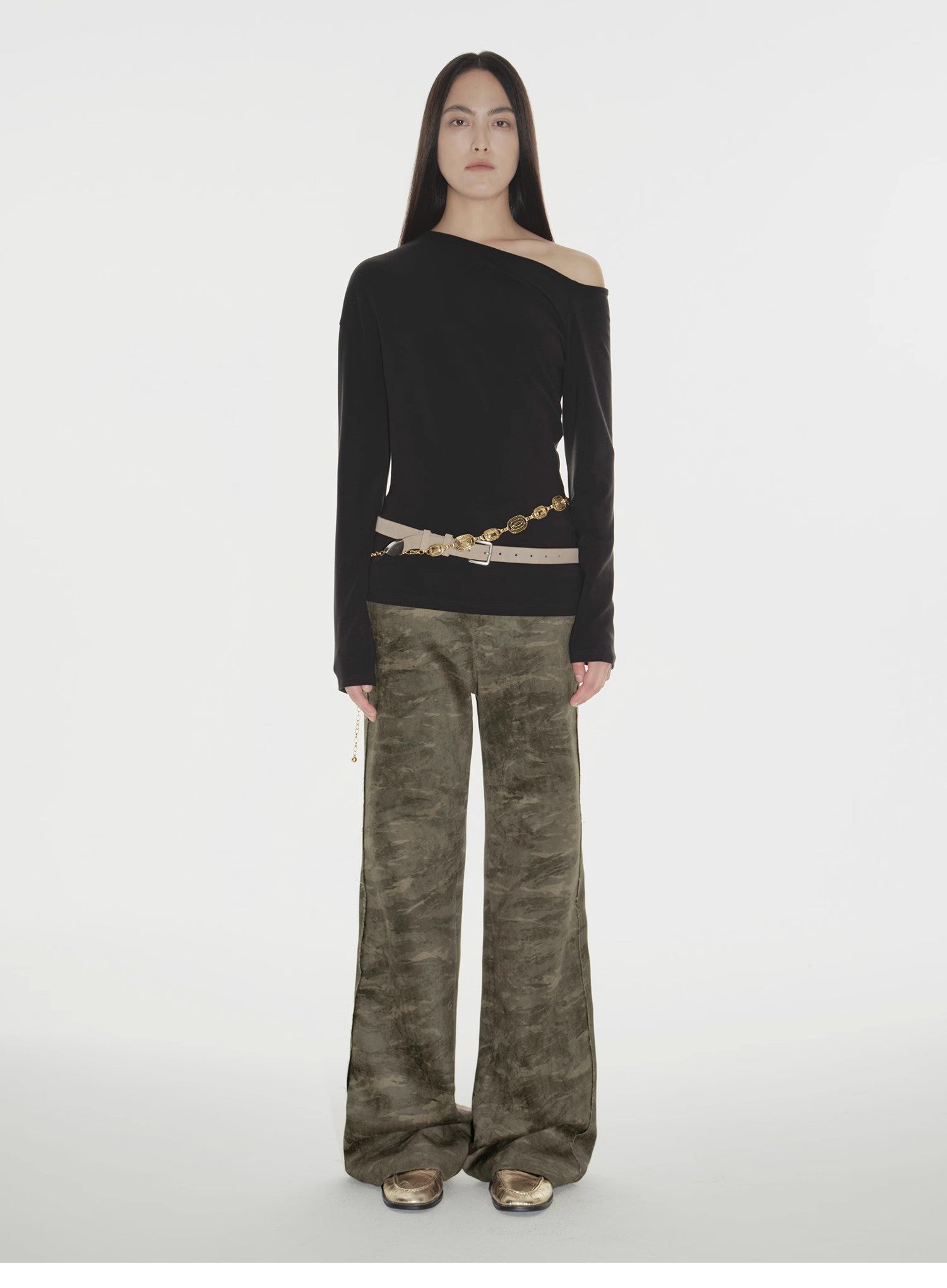 "Fashionable Street" Off-shoulder Slim Fit Lyocell Tencel Wool Long Sleeve T-shirt-0