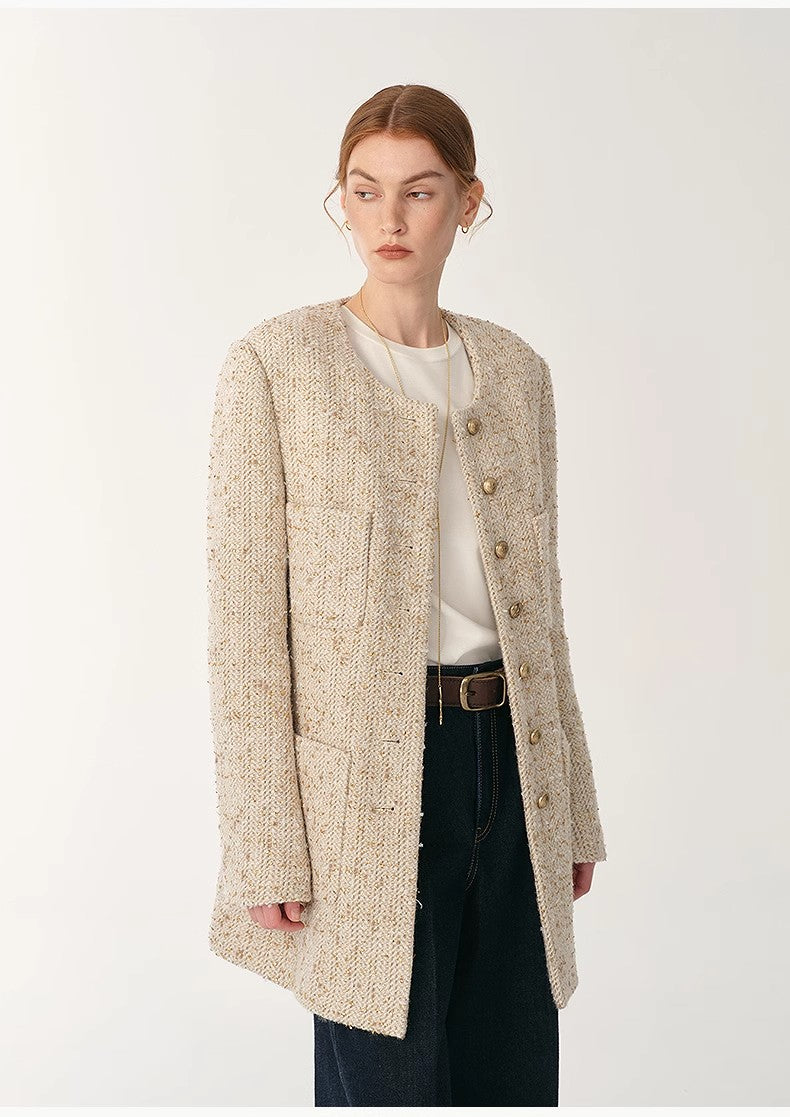 Firelady Sheepskin wool suit jacket by Maison Beaumont, featuring a tailored fit and classic design in neutral tones.