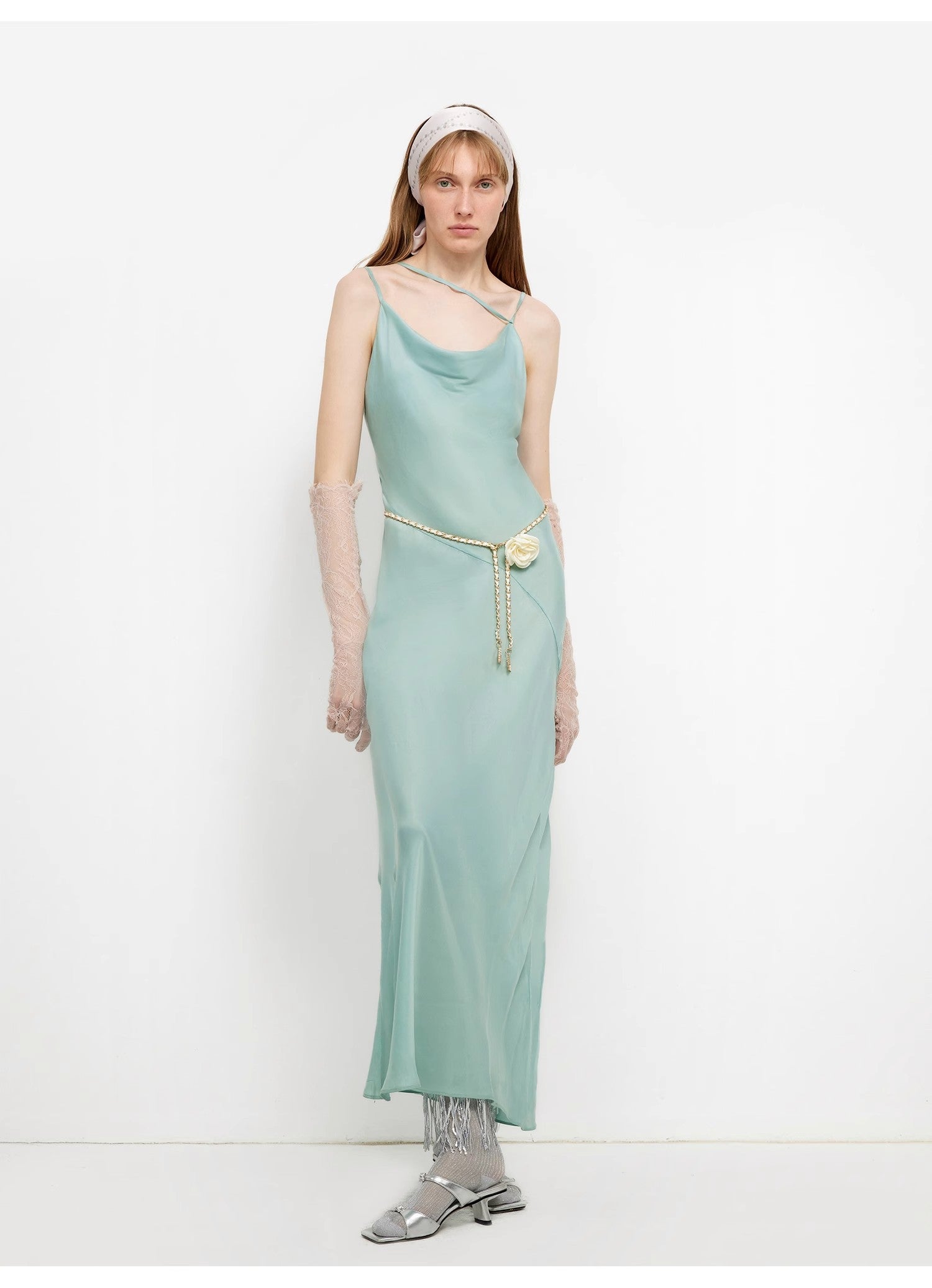 "Island Riddle" Glossy copper-ammonia silk satin light luxury swing collar slim fishtail suspender dress-1
