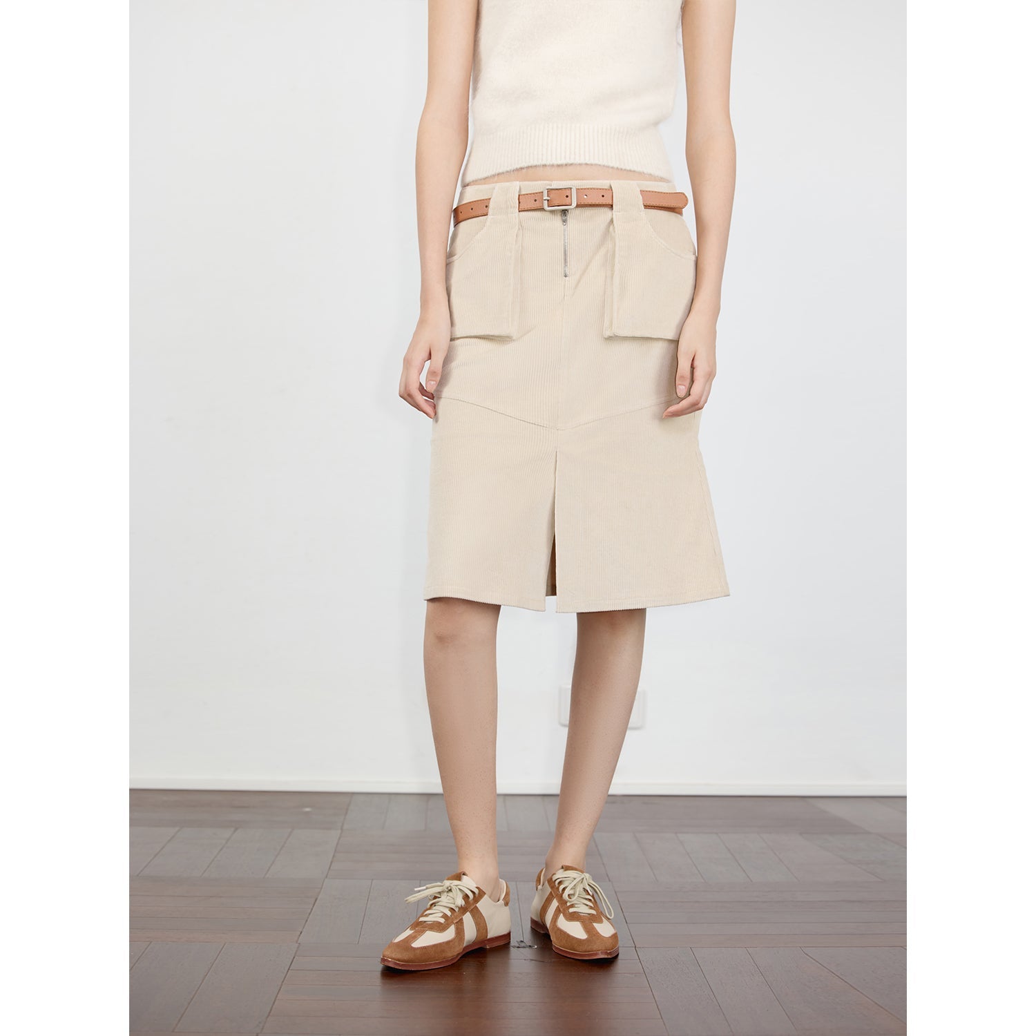 "Postcard Memory" Retro corduroy design front slit workwear fishtail skirt-1