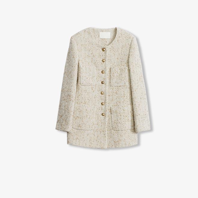 Firelady Sheepskin wool suit jacket from Maison Beaumont, featuring a tailored fit and classic design in a neutral color.