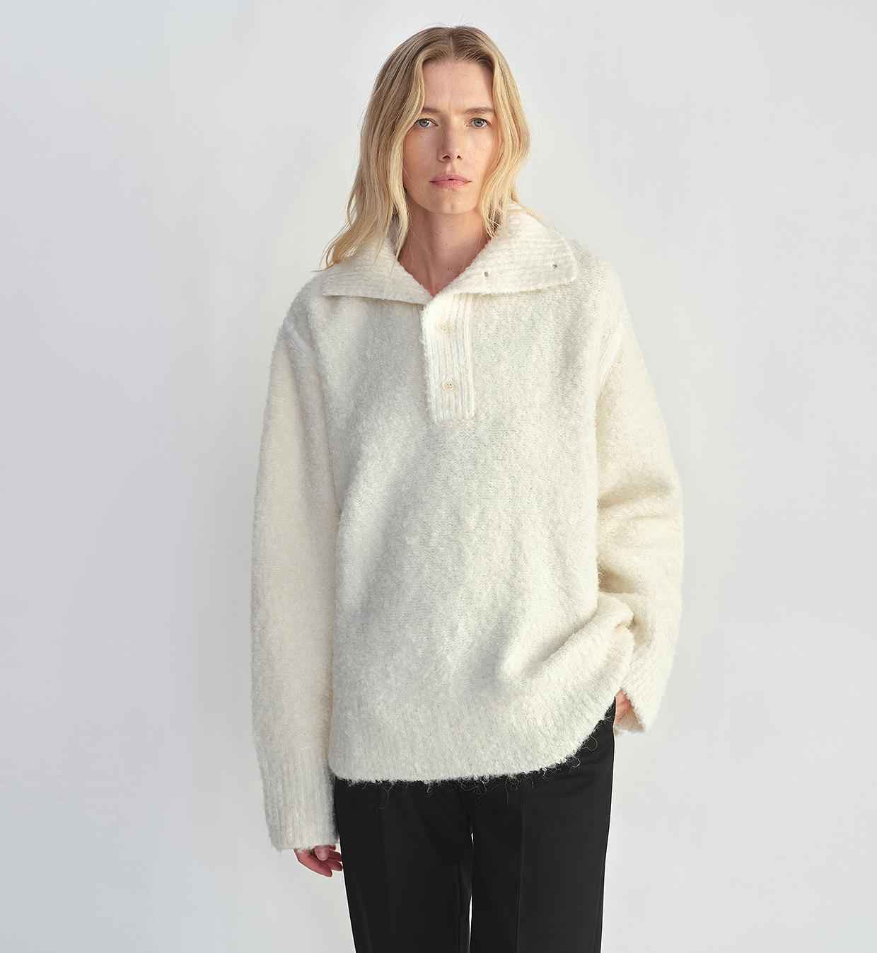 Alpaca wool blended bouclé yarn Spliced POLO shirt Lazy and relaxed sweater-0