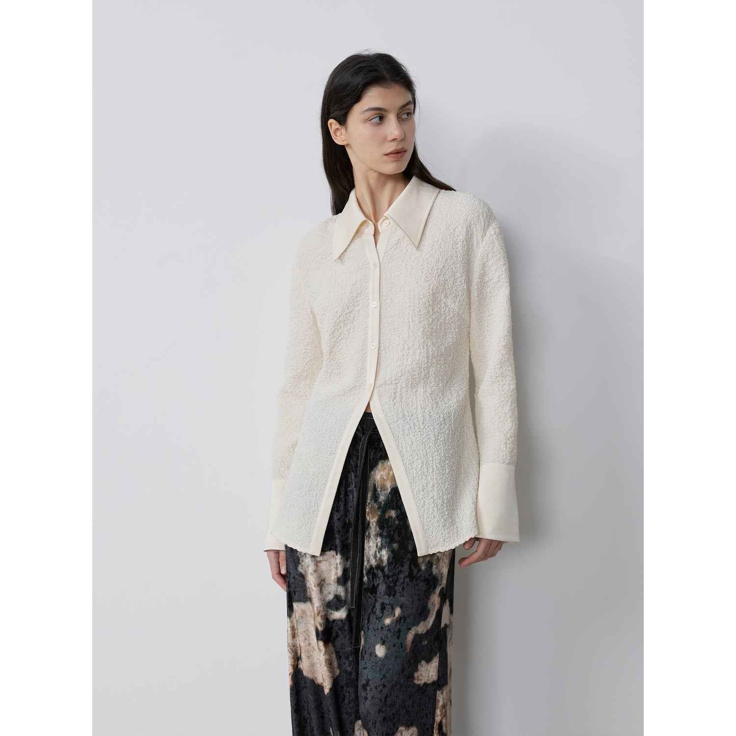 Firelady Fur Art Bubble Satin Cotton Retro shirt with long sleeves, embossed bubble design, stylish and comfortable top.