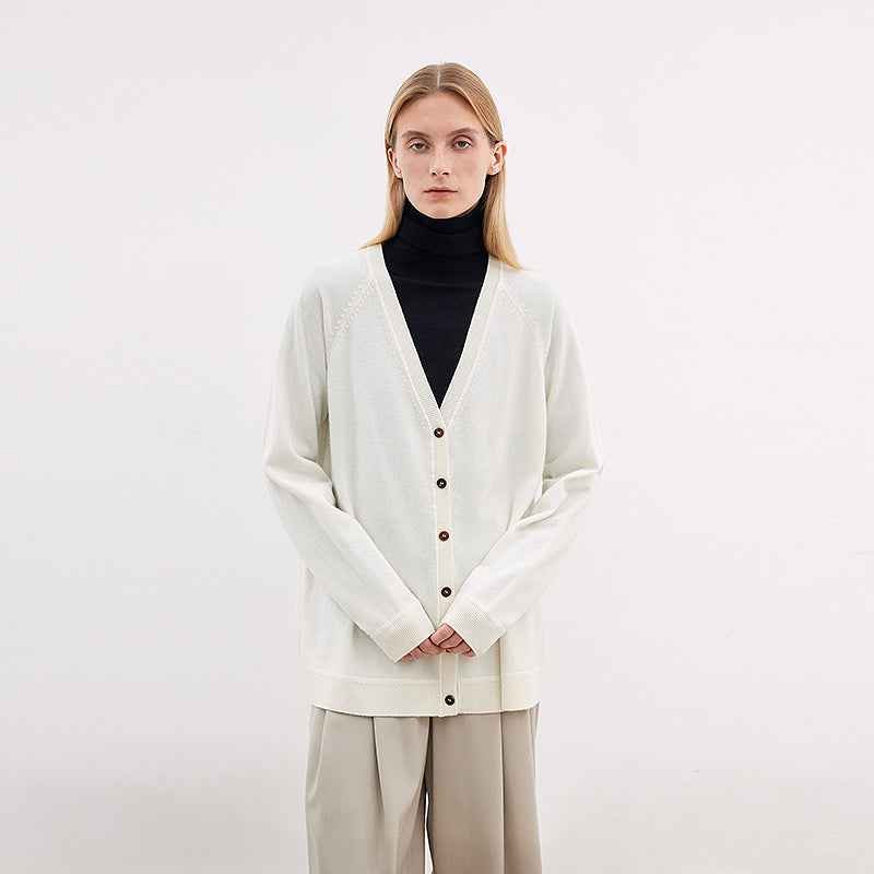 Firelady Fur merino wool knitted V-neck cardigan, loose-fit outfit in Australian merino wool, showcasing the textured knit design.