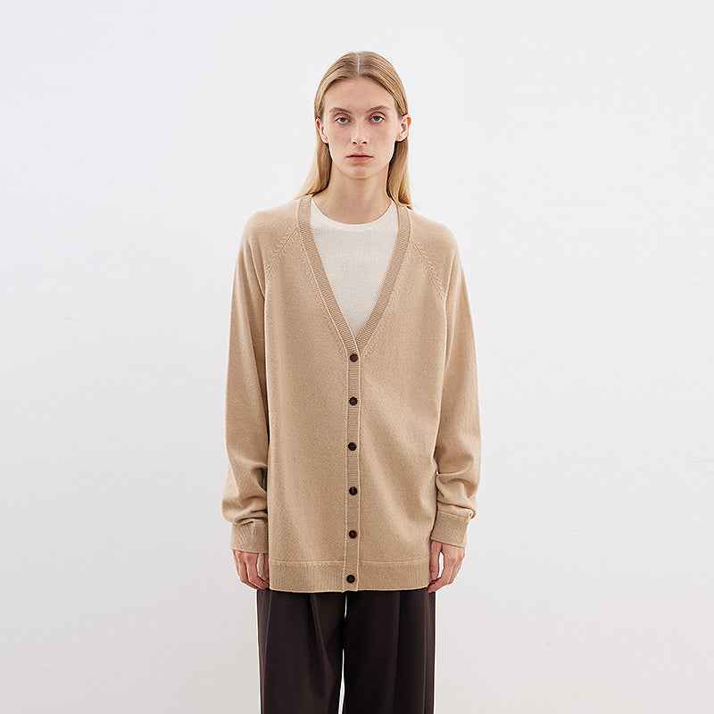 Firelady Fur merino wool knitted V-neck cardigan, loose fit, Australian Merino wool, cozy and stylish outfit layer.