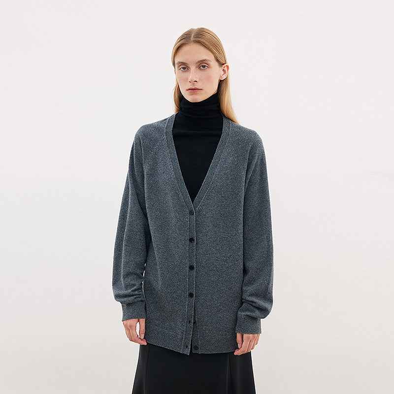 Firelady Fur merino wool knitted V-neck cardigan, loose fit, Australian Merino wool, cozy and stylish outfit layer.