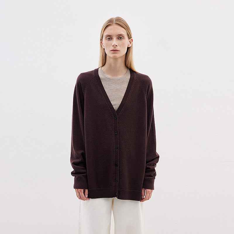 Firelady Fur Australian Merino Wool V-neck knitted cardigan, loose fit, cozy outfit piece with a soft, textured knit.