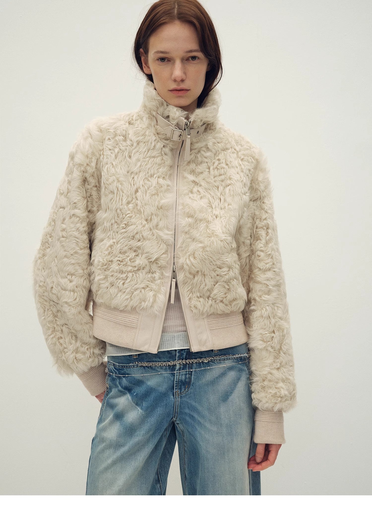 Casual stand-up collar jacket-style fluffy sheep curly hair fashionable short bomber coat"Curly Story"-0