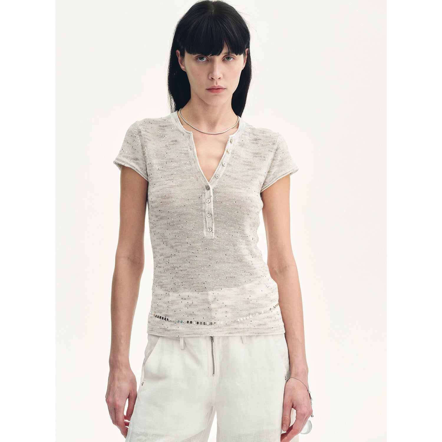 Cotton and Linen Blend Sequined Henley Neck Short Sleeve T-Shirt"Minimalist Light Gap"-1