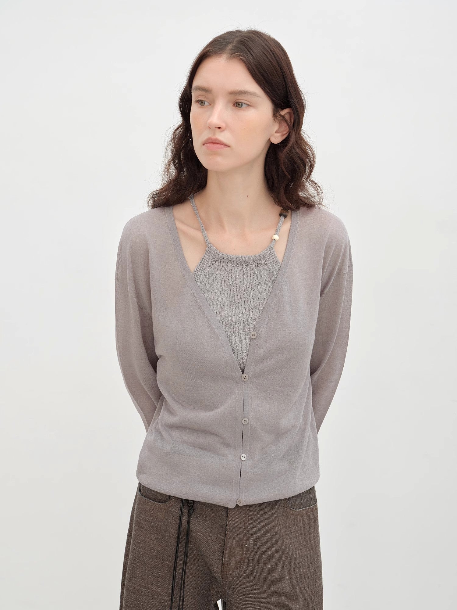 Firelady Fur Daylight Knitted V-Neck Cardigan for women, light spring outerwear with a soft knit texture and V-neck design.
