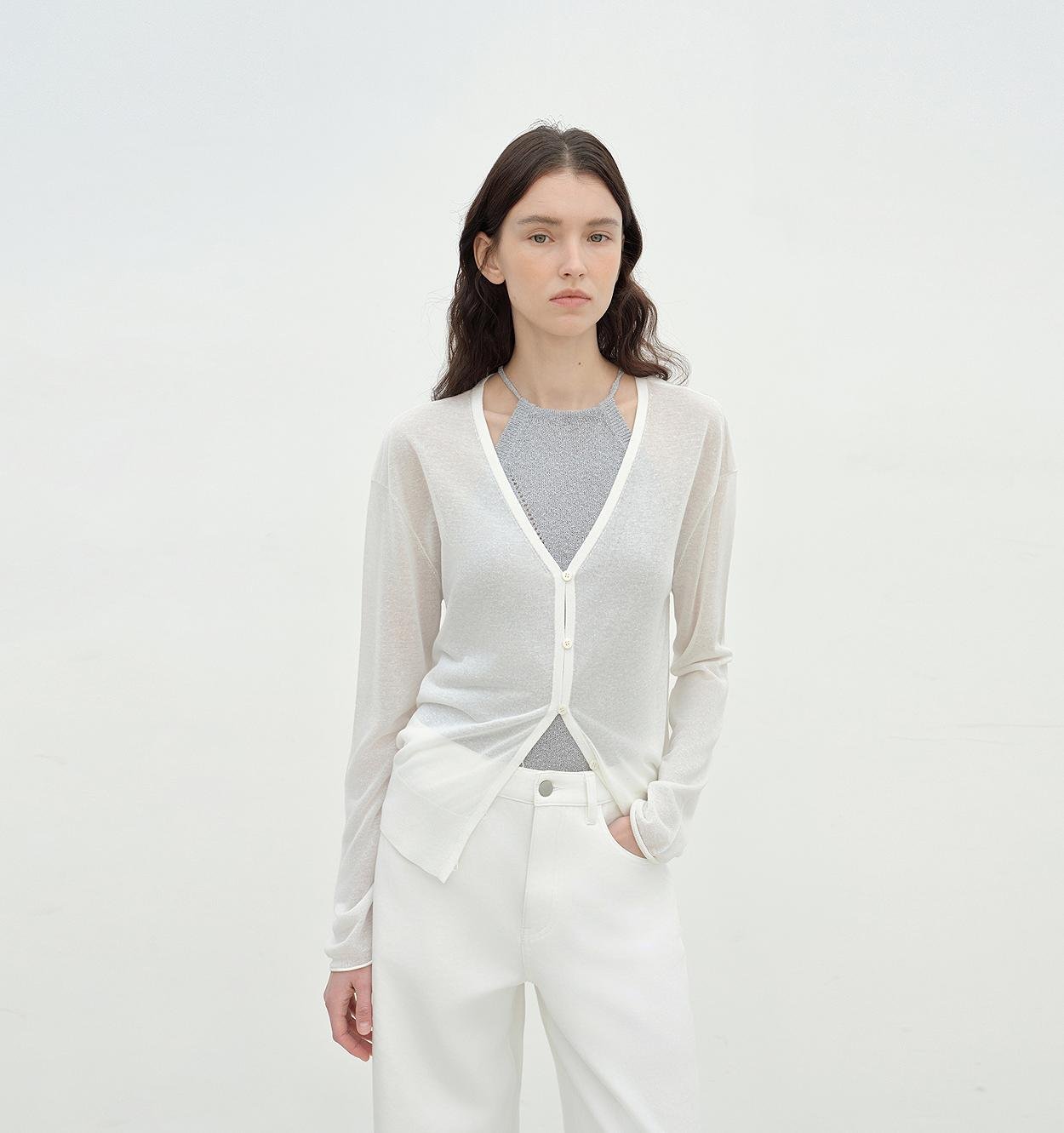 Light beige Daylight Knitted V-Neck Cardigan by Firelady Fur, women's spring outerwear with a relaxed fit and soft knit texture.