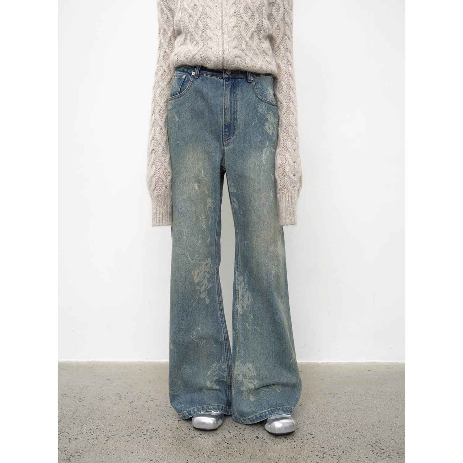 "Denim Shadow"retro washed printed layered casual slimming cotton bootcut jeans-1