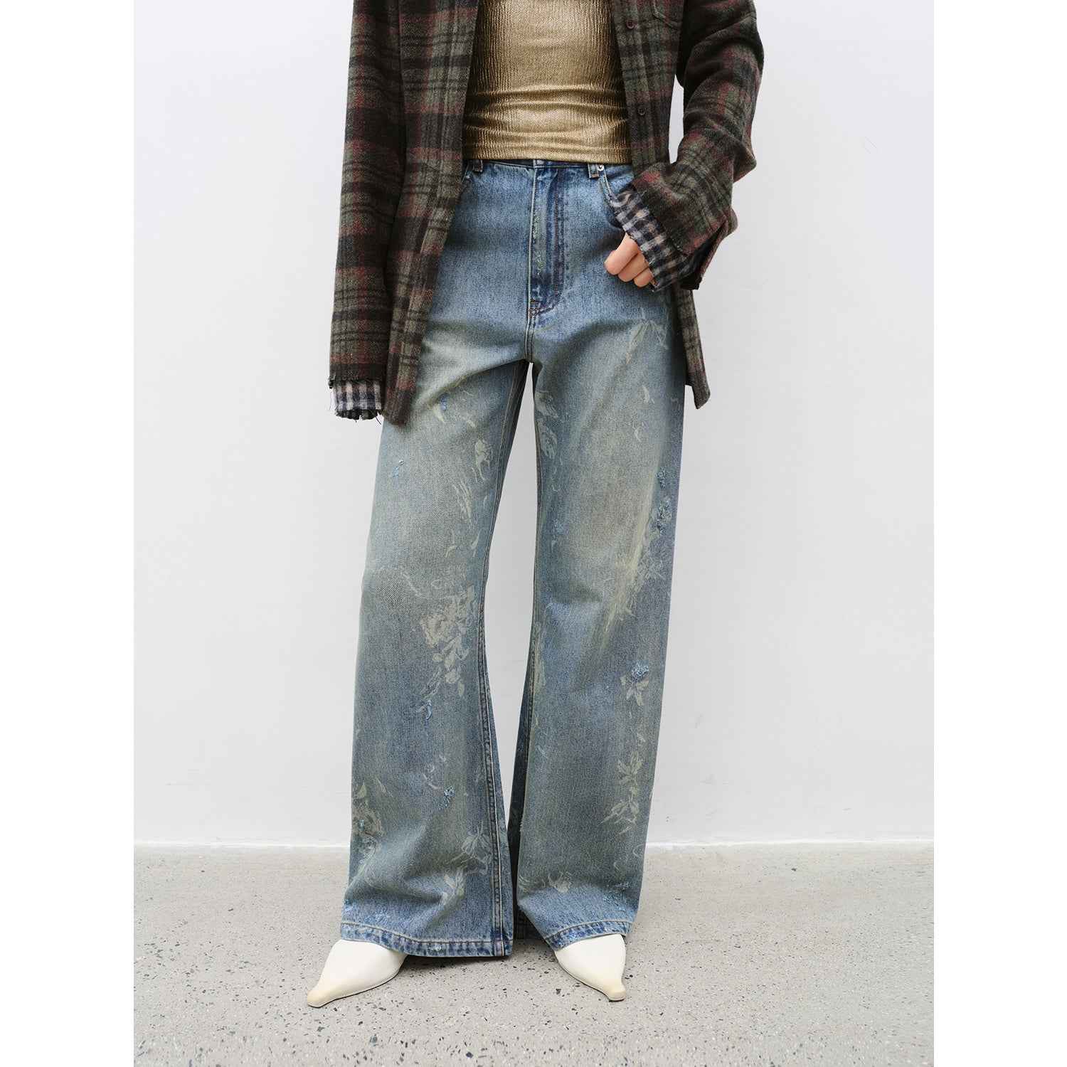"Denim Shadow"retro washed printed layered casual slimming cotton bootcut jeans-4