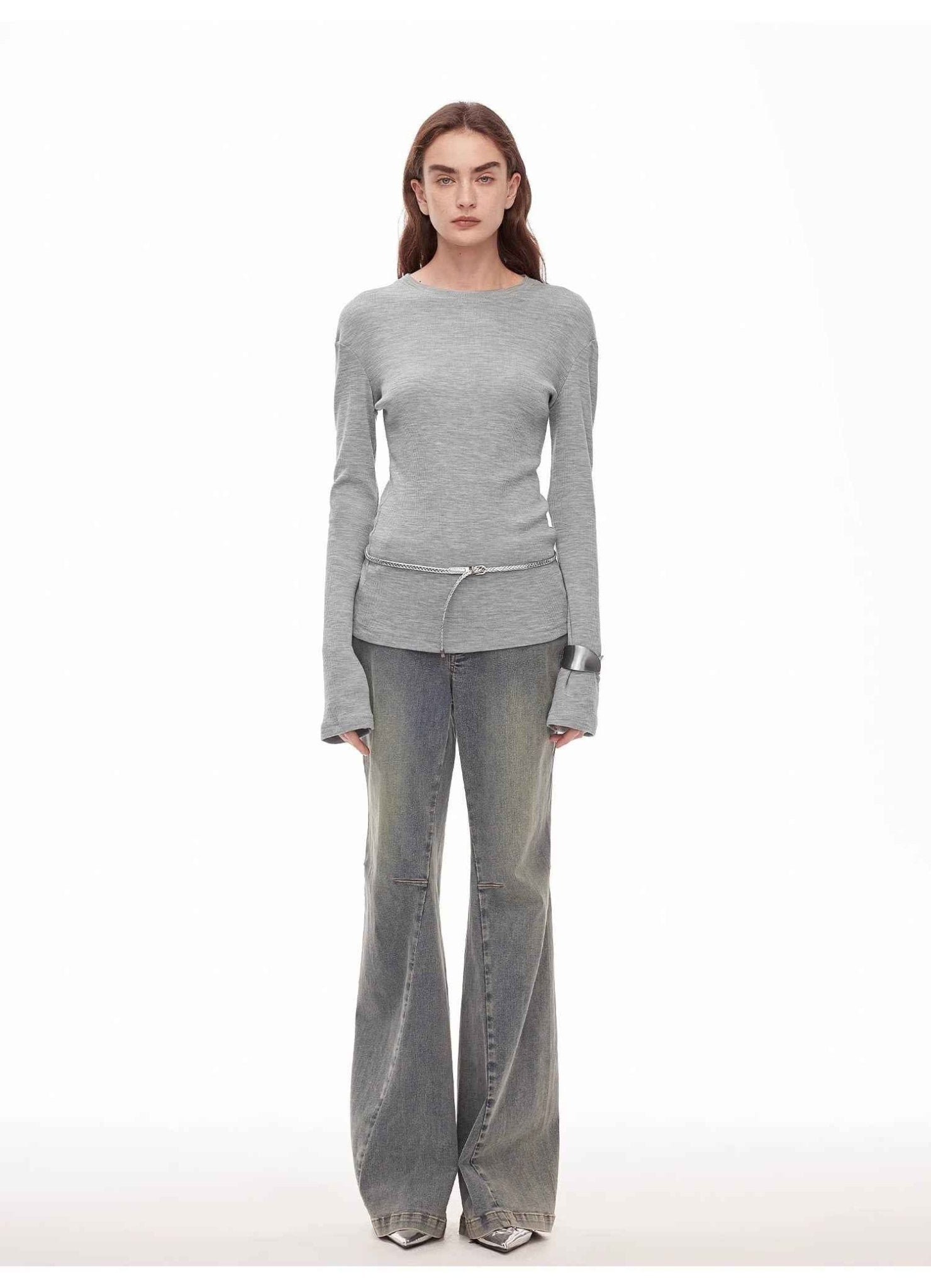 “Denimism”Fashionable Heavy Industry Washed Three-dimensional Versatile Slimming Slightly Flared Denim Trousers