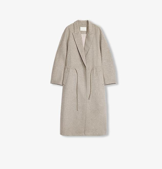 Desert-colored women's wool coat by Firelady Fur featuring a peaked lapel, drawstring waist, and mid-length design.