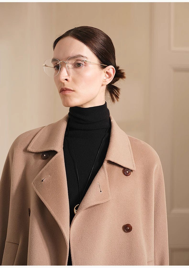 Firelady Fur women's double-breasted wool coat with a desert rose color, imported Australian wool, stylish for small women.