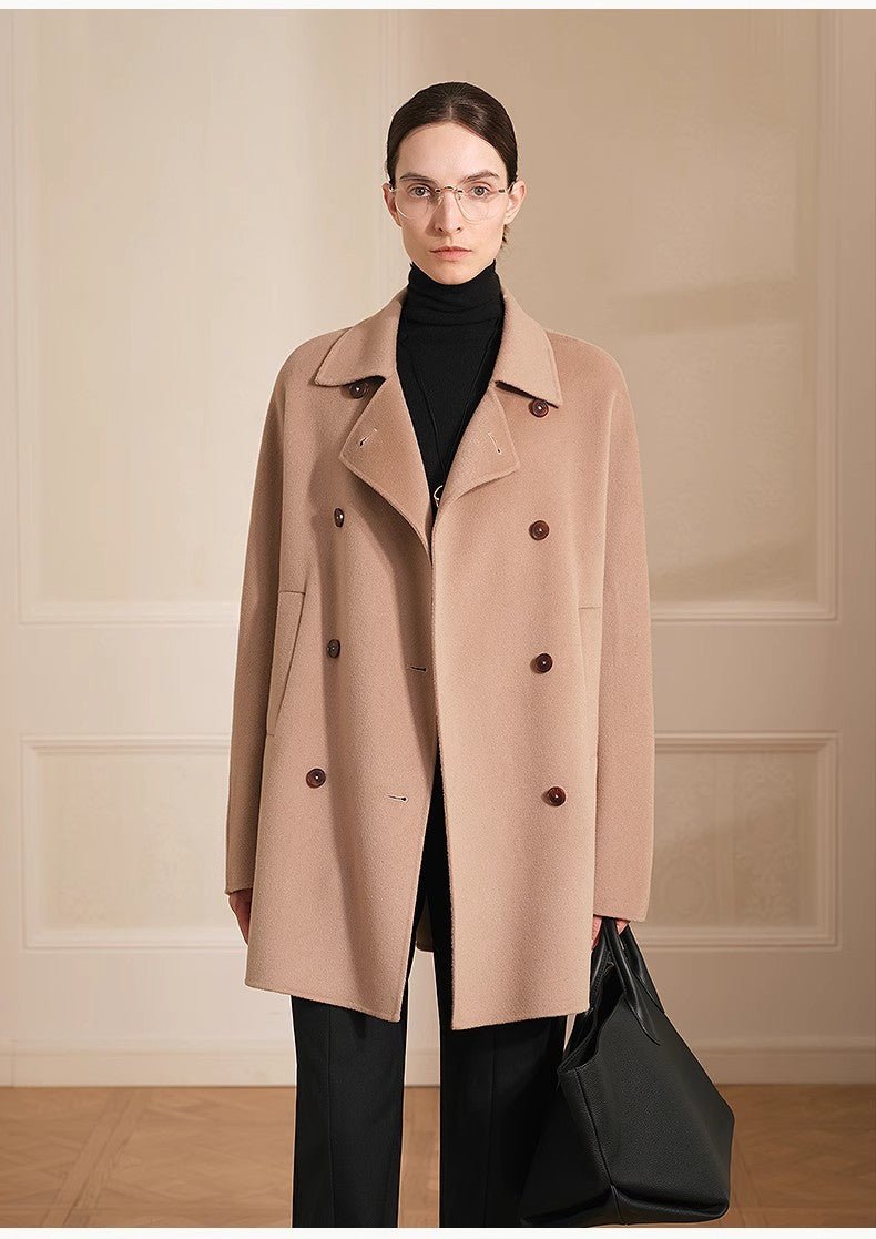 Australian-imported double-breasted wool coat for women by Firelady Fur, featuring a high-end woolen design in desert rose color.