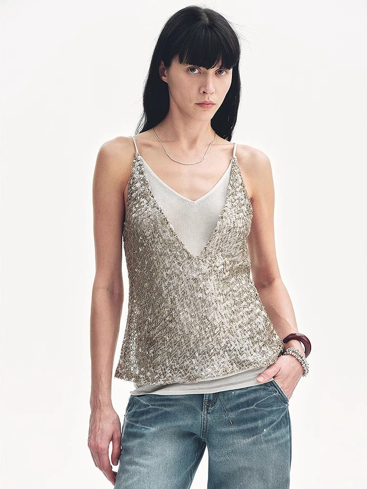Firelady Fur Dream Catcher sequined net pattern fake two-piece deep V waist suspender summer top, stylish and eye-catching.
