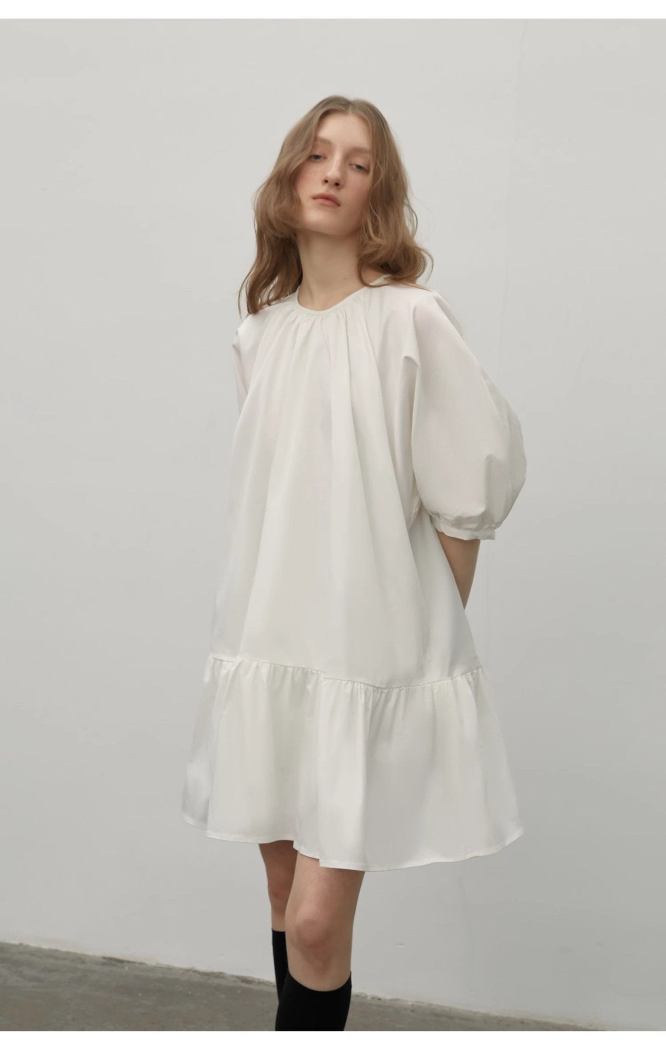 White Dream Island Dress by Firelady Fur featuring high-end puff sleeves and a Hepburn style for elegant women's fashion.