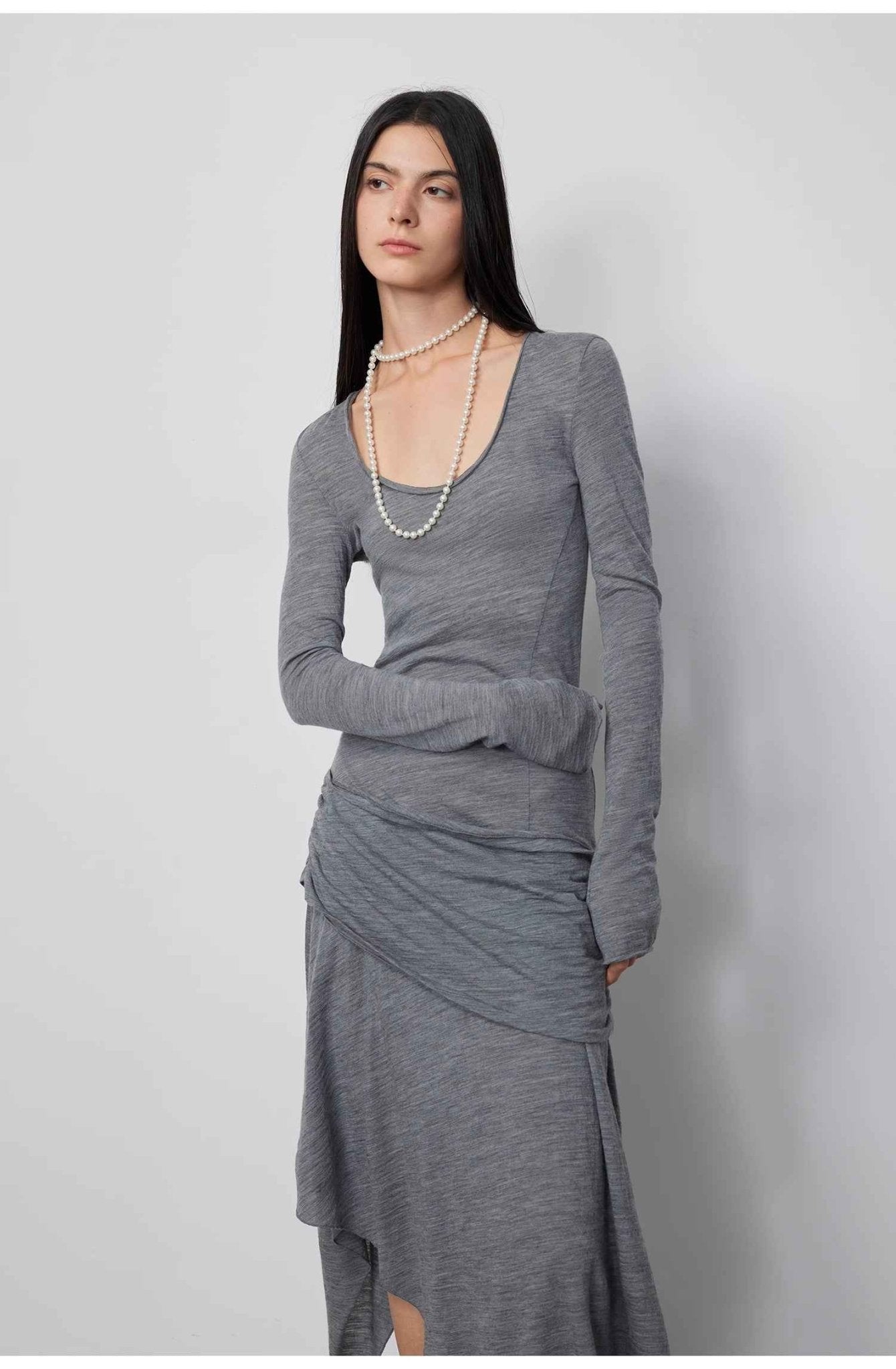 Lightweight Wool Dreamy Ball women's long dress with U-neck and irregular hem, breathable and comfortable from Firelady Fur.