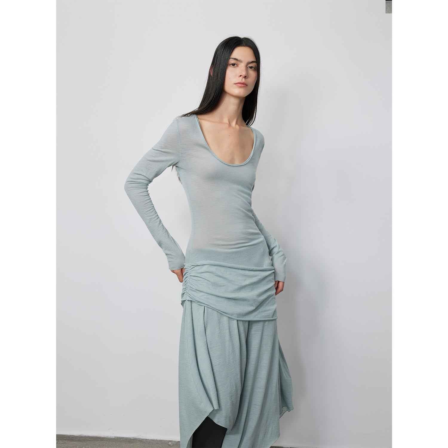 Firelady Fur women's Dreamy Ball long dress with U-neck, irregular hem, lightweight breathable 100% wool in natural fabric and style.