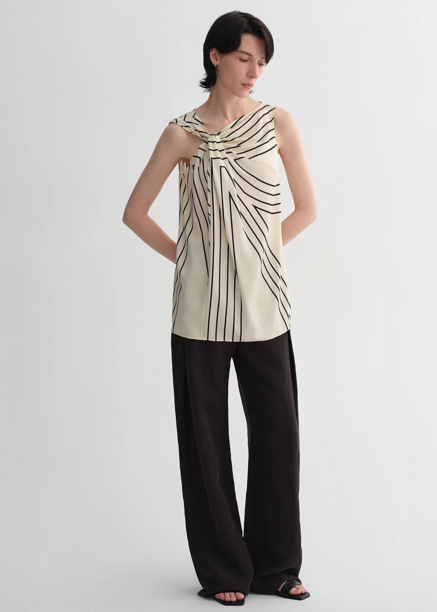 Silk sleeveless shirt by Firelady Fur with twisted collar, geometric print, slim fit, ideal for multi-occasion wear.