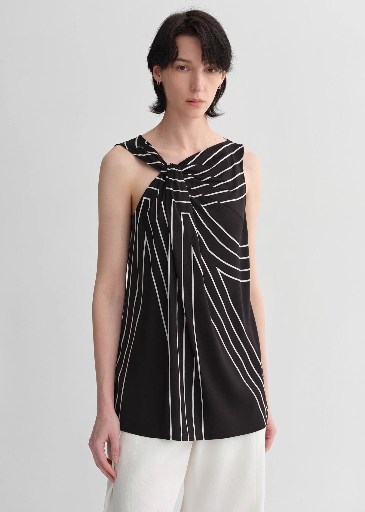 Silk sleeveless shirt by Firelady Fur featuring a twisted elastic collar and geometric print, slim fit for women.