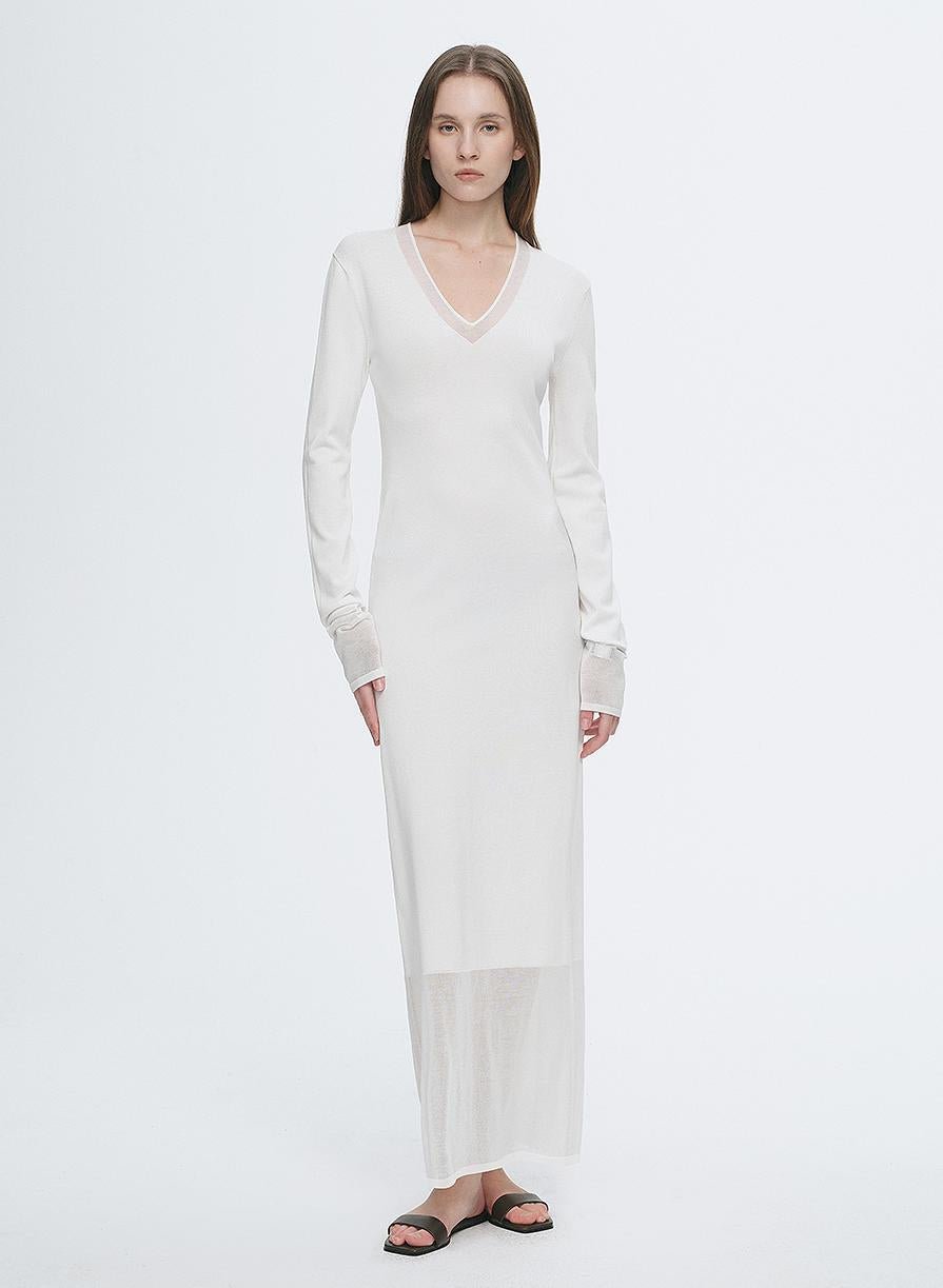 Women's V-neck dress by Firelady Fur, elegant triacetate Tencel blend with transparent splicing design, skin-friendly and stylish.