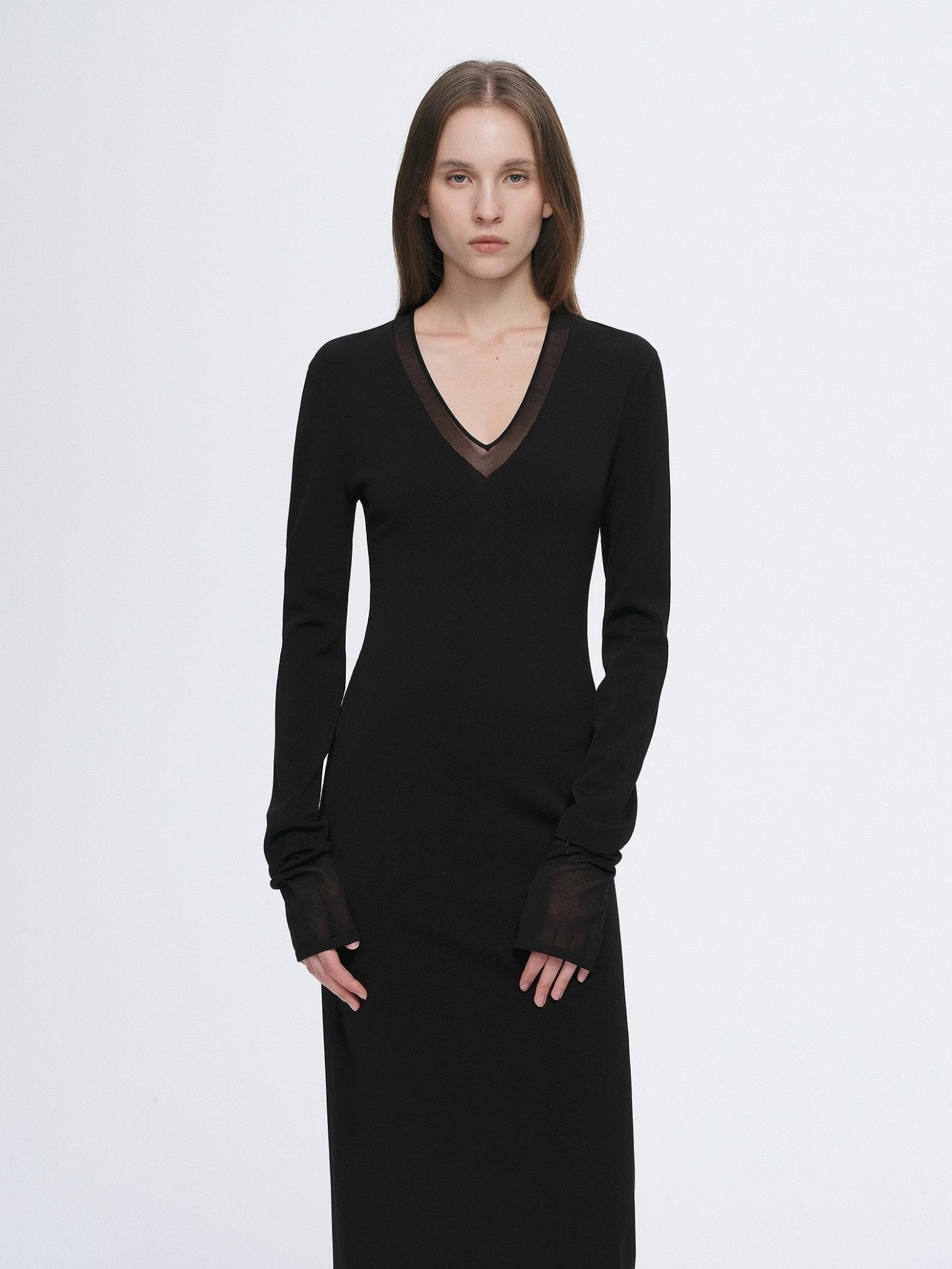 Elegant women's V-neck dress by Firelady Fur, made from triacetate and Tencel blend with transparent splicing design.