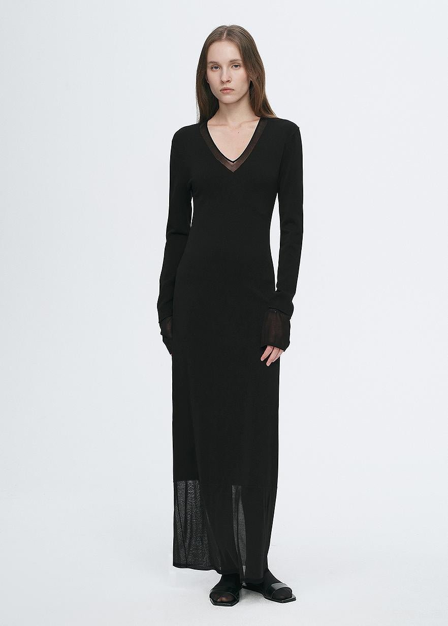 Women's elegant V-neck dress by Firelady Fur featuring triacetate and Tencel blend with transparent splicing design.