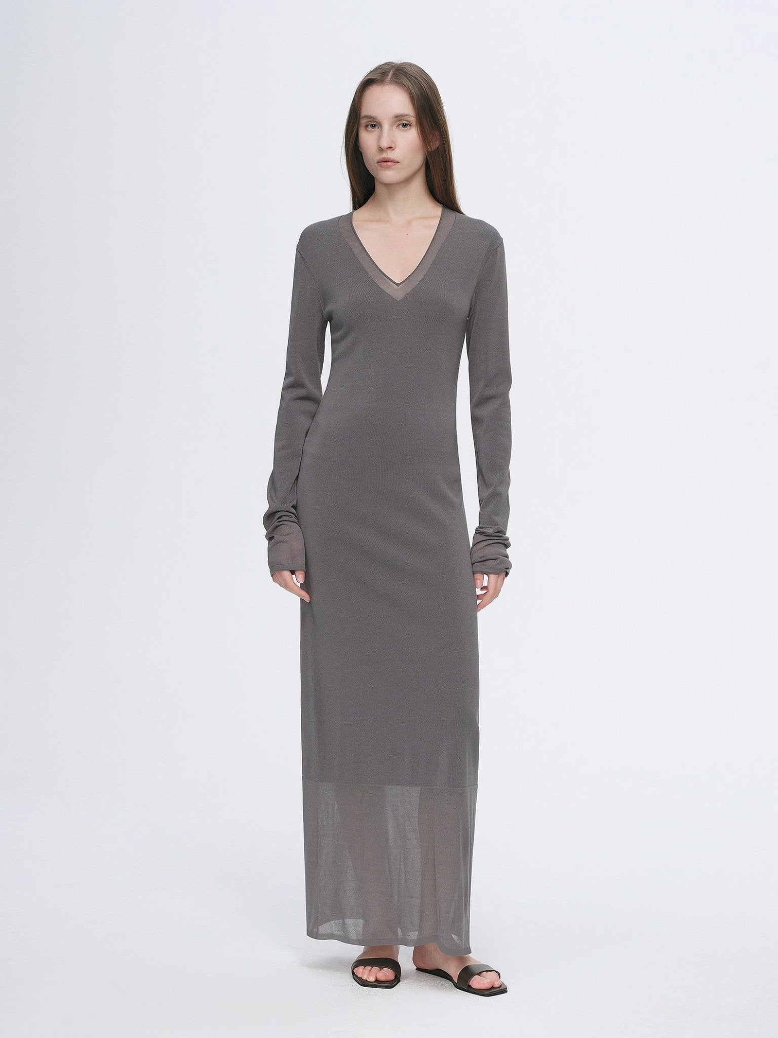 Women's elegant V-neck dress by Firelady Fur featuring triacetate and Tencel blend, transparent splicing design, and skin-friendly fabric.