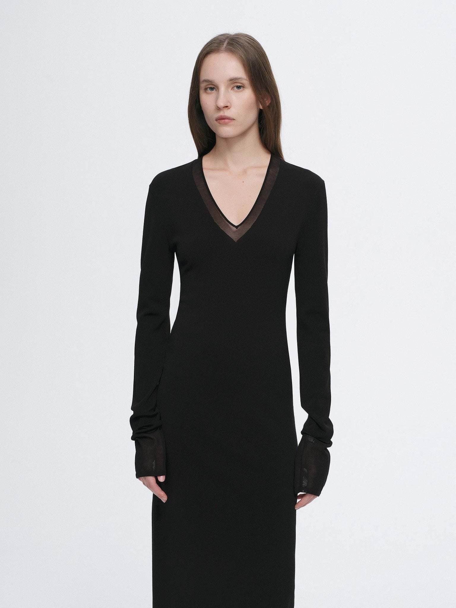 Women's V-neck dress by Firelady Fur featuring triacetate and Tencel blend with transparent splicing design, skin-friendly and elegant.