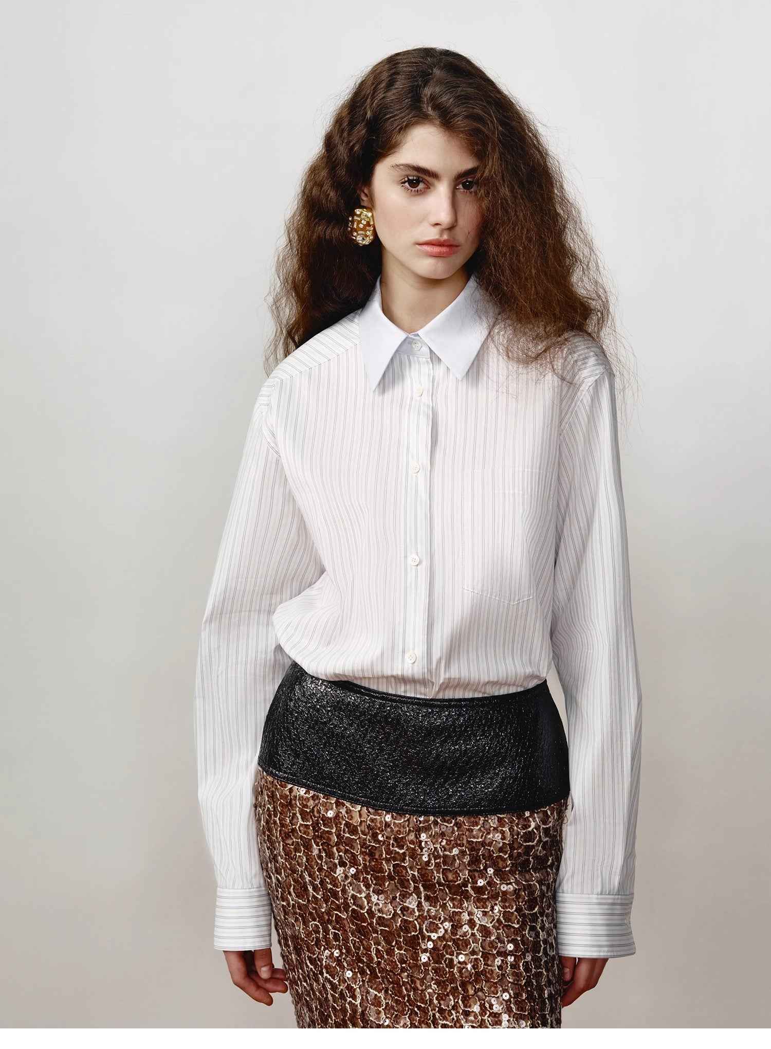 Firelady Fur striped shirt by Maison Beaumont featuring a classic lapel collar and contrast design, perfect for stylish tops.