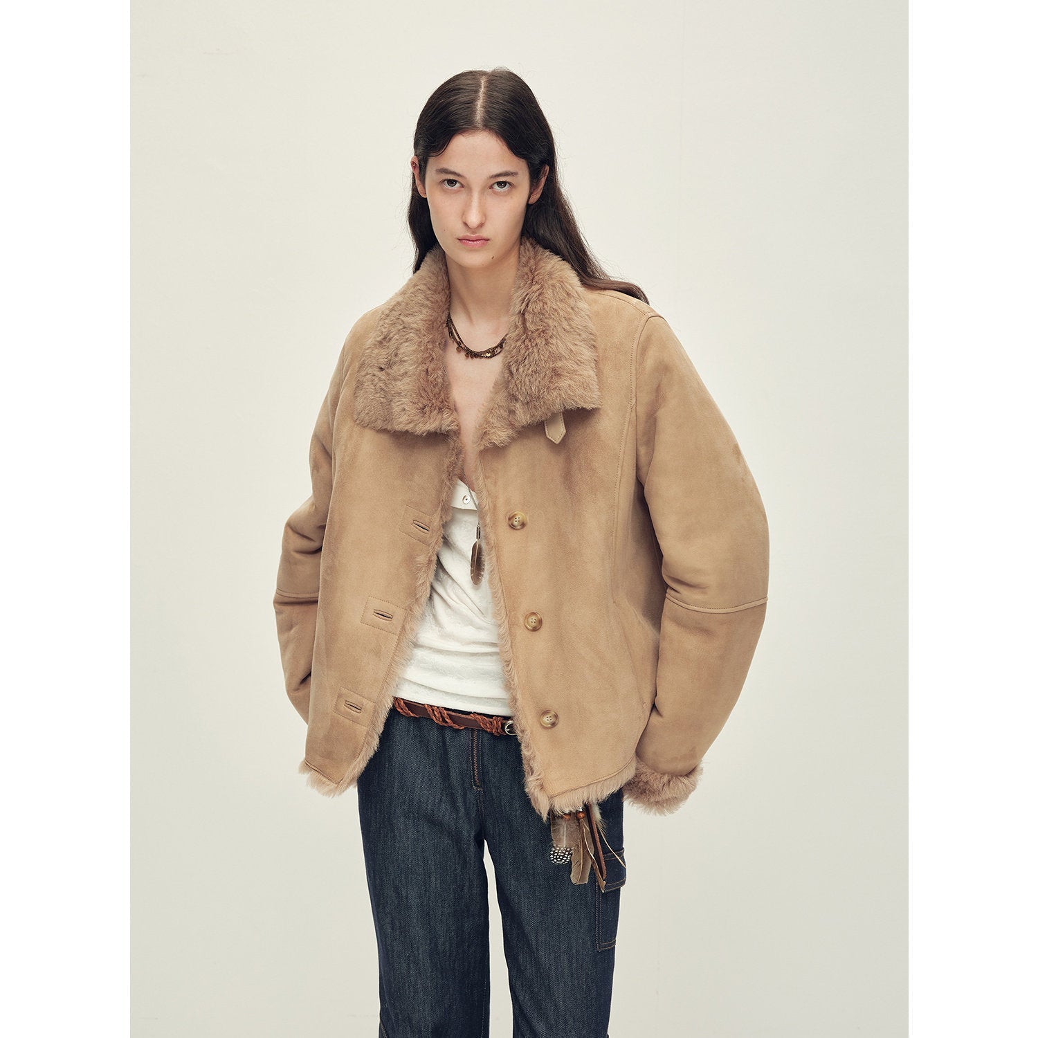 Firelady Fur women's shearling suede coat with Italian contrast suede and Toscana shearling, stylish winter outerwear.