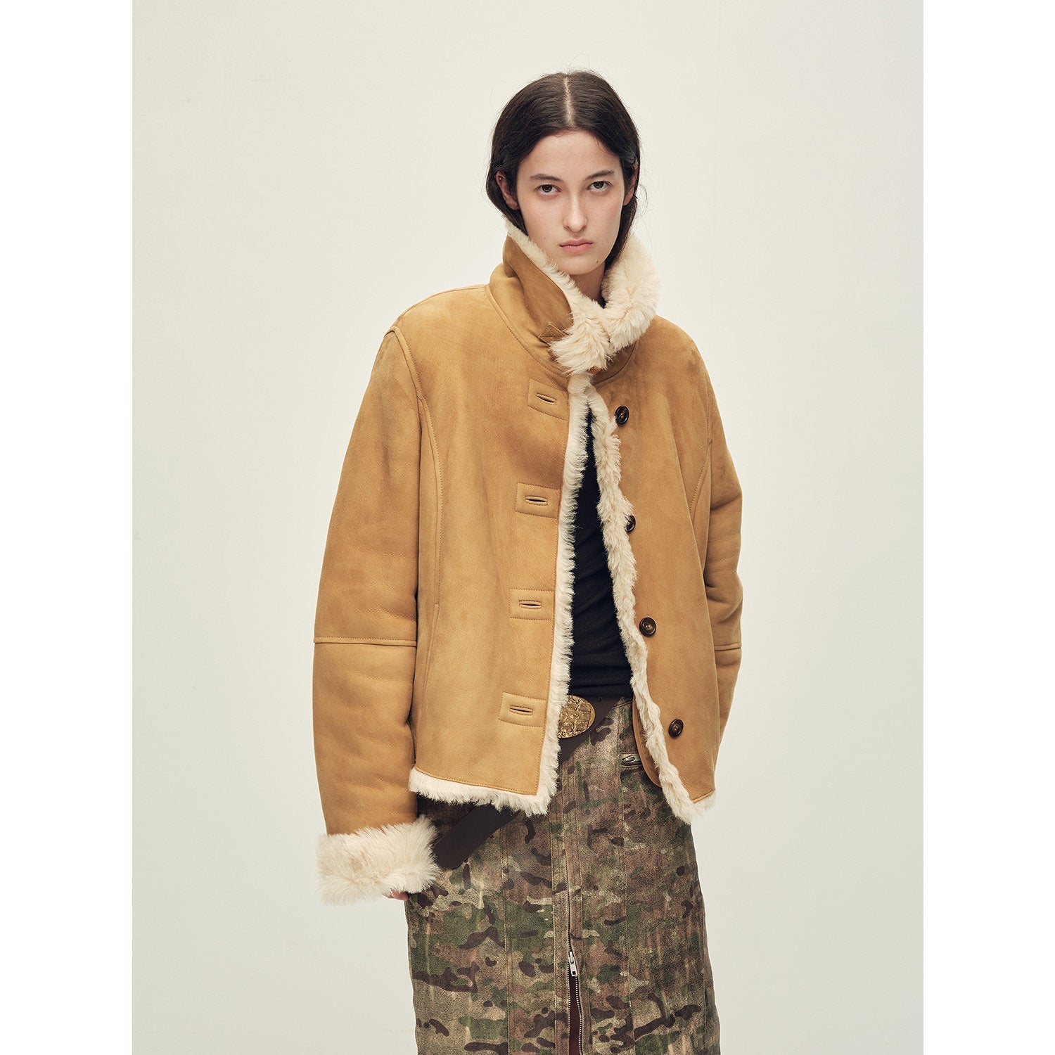Women's shearling suede coat by Firelady Fur, featuring Italian contrast suede and plush Tuscan shearling for winter warmth.