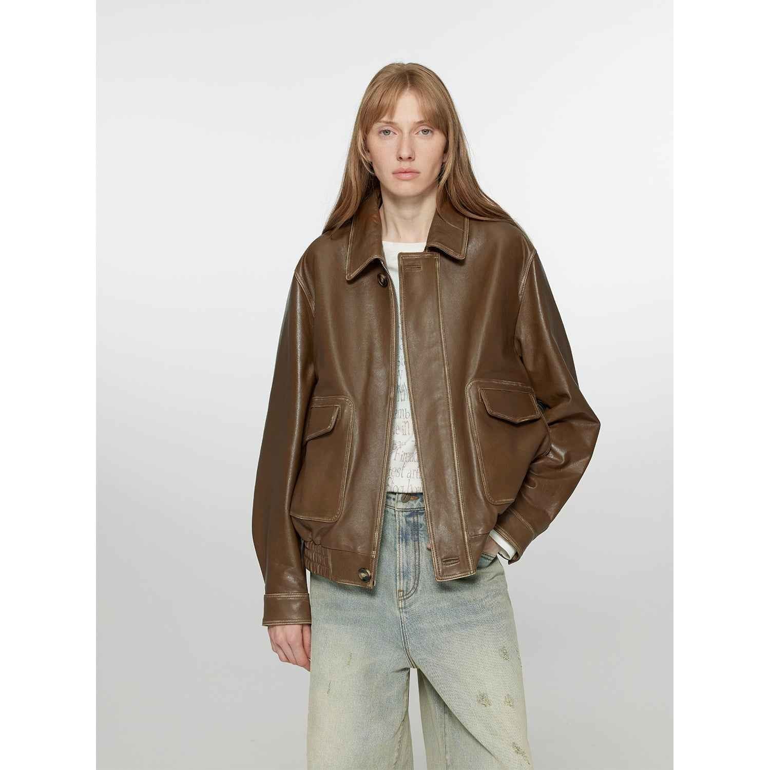 Firelady Fur vintage brown leather jacket, women's aviator style with classic leather details and a rugged, stylish look.