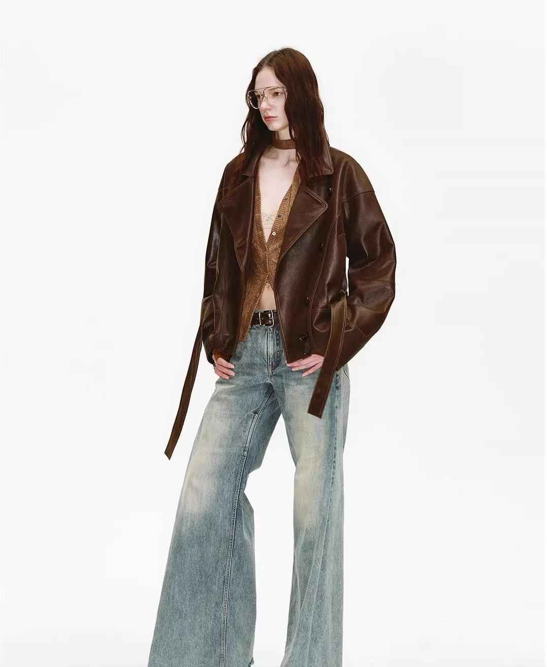 Firelady Fur women's waxed sheepskin biker coat with belt and asymmetric lapel in black Tea, stylish leather jacket for women.
