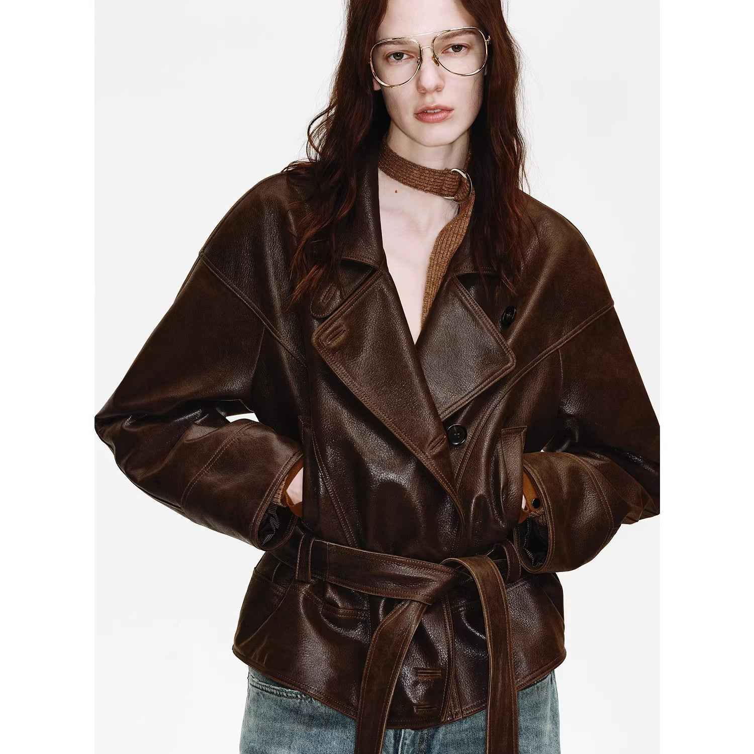 Women's Firelady Fur waxed sheepskin biker coat with belted waist and asymmetric lapel in Peninsula Black Tea, stylish leather jacket.