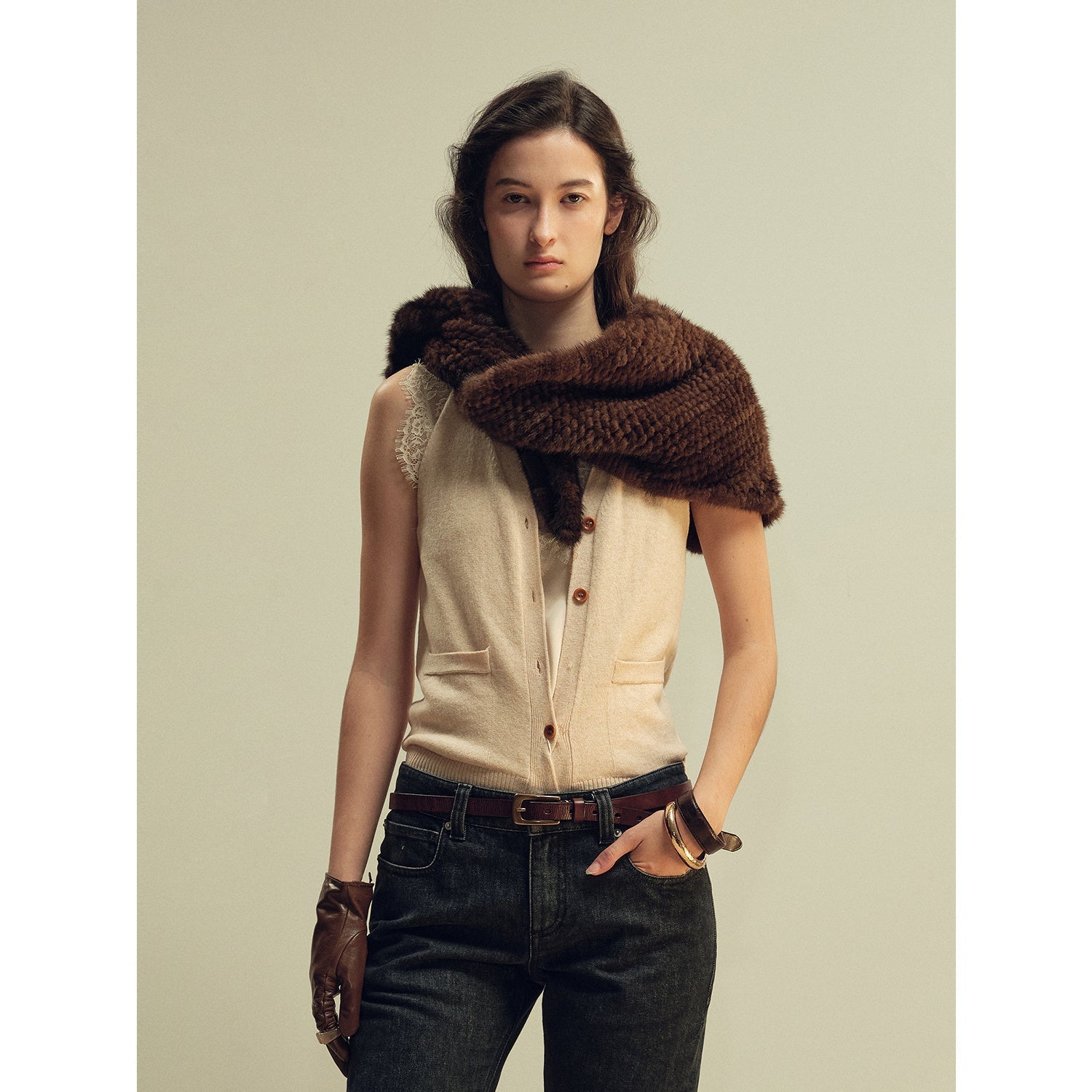 Elegant vintage purple mink scarf by Firelady Fur, featuring woven fur design perfect for winter luxury fashion.
