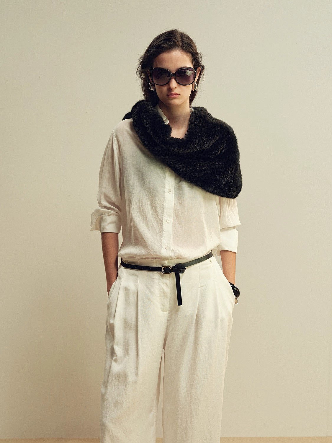 Firelady Fur vintage mink triangle scarf in purple, showcasing luxurious woven fur and elegant winter fashion.