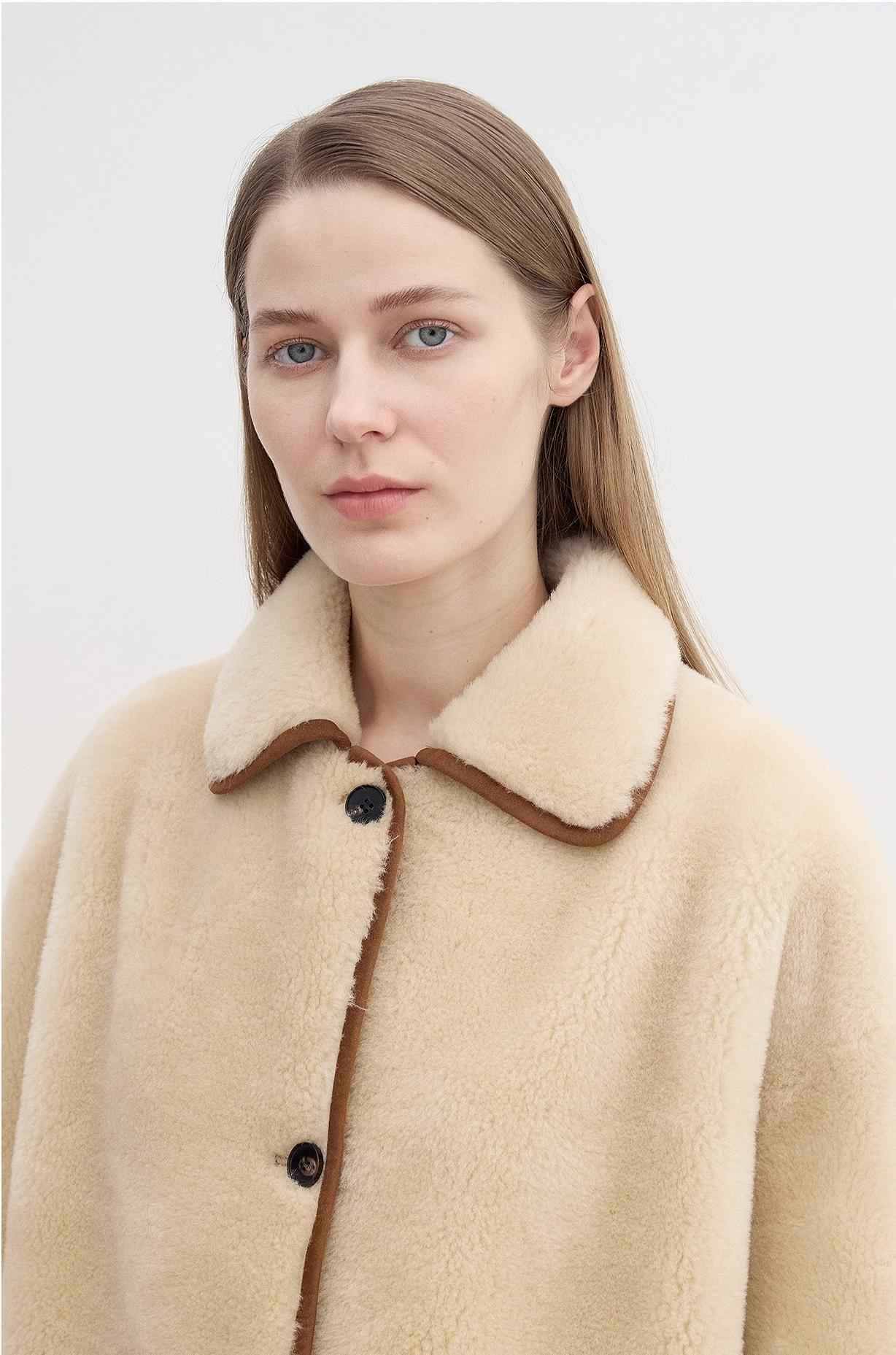 Firelady Fur women's faux leather shearling coat with furry lapel, casual straight wool design, stylish vegan outerwear.