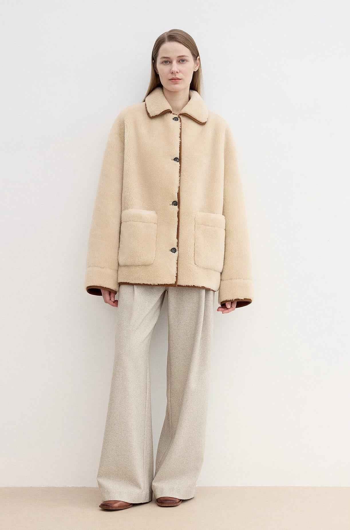 Fireladyfur women's faux leather shearling jacket with furry lapel, casual straight wool coat, vegan style, cozy and stylish.
