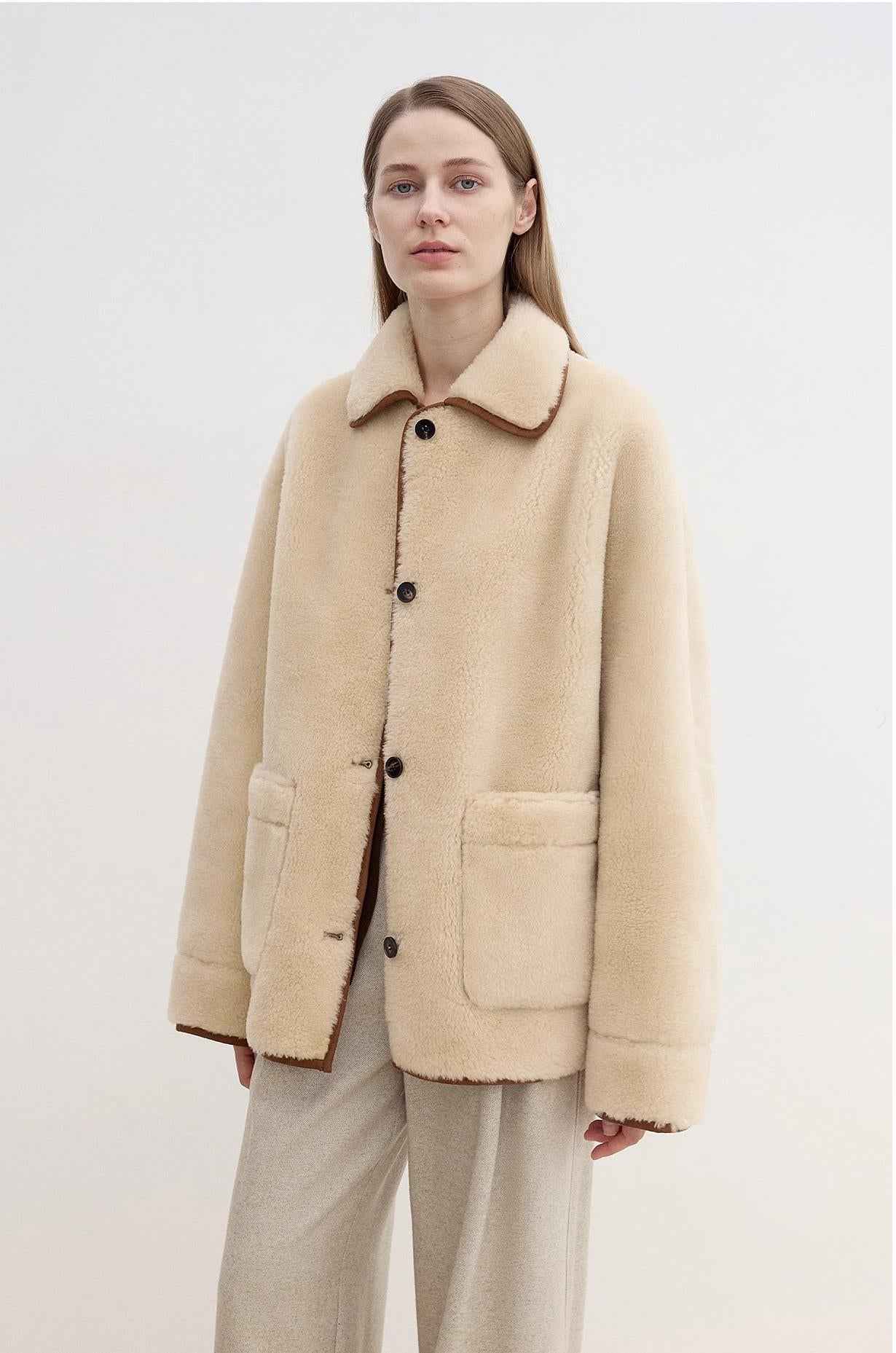 Fireladyfur women's vegan faux leather shearling coat with furry lapel, casual straight fit, warm wool lining for winter wear.