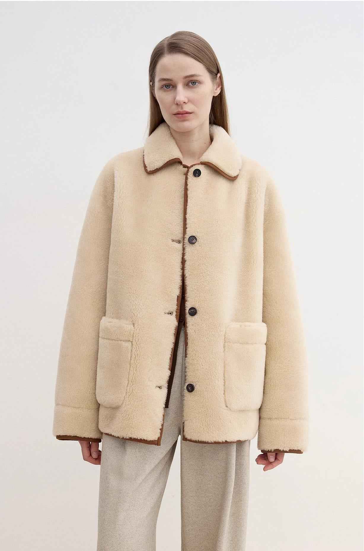 Fireladyfur women's faux leather shearling jacket with furry lapel, casual straight wool coat, stylish and warm.