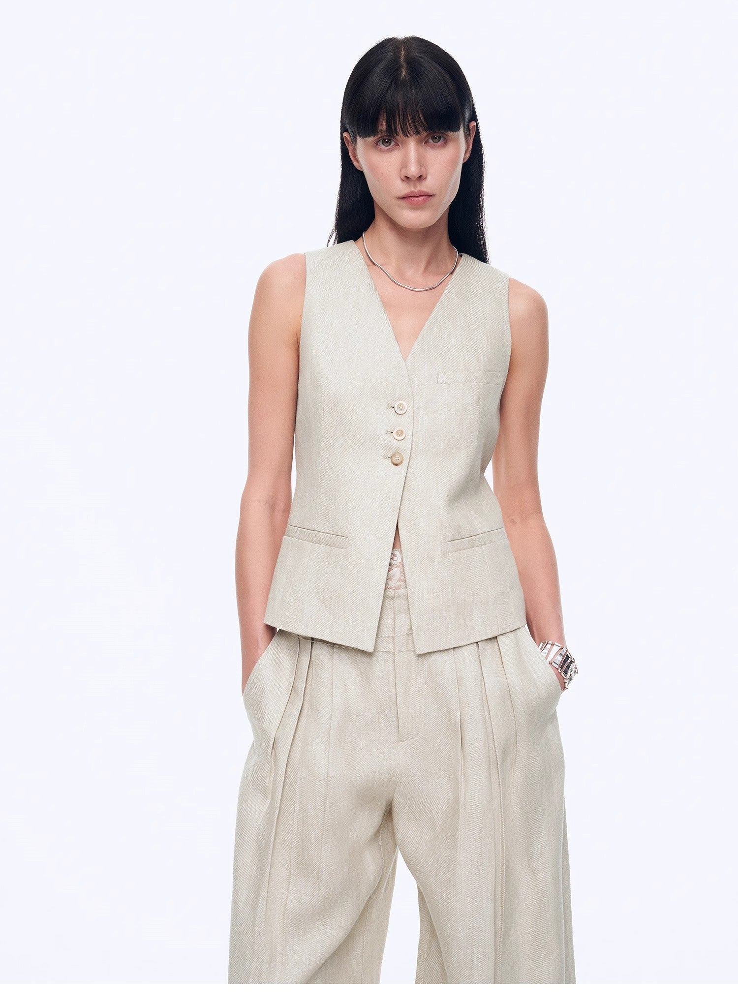 Fireladyfur Women's Linen Suit Set: Draped Vest & High-Waist Straight Trousers"Old Money Space"-5