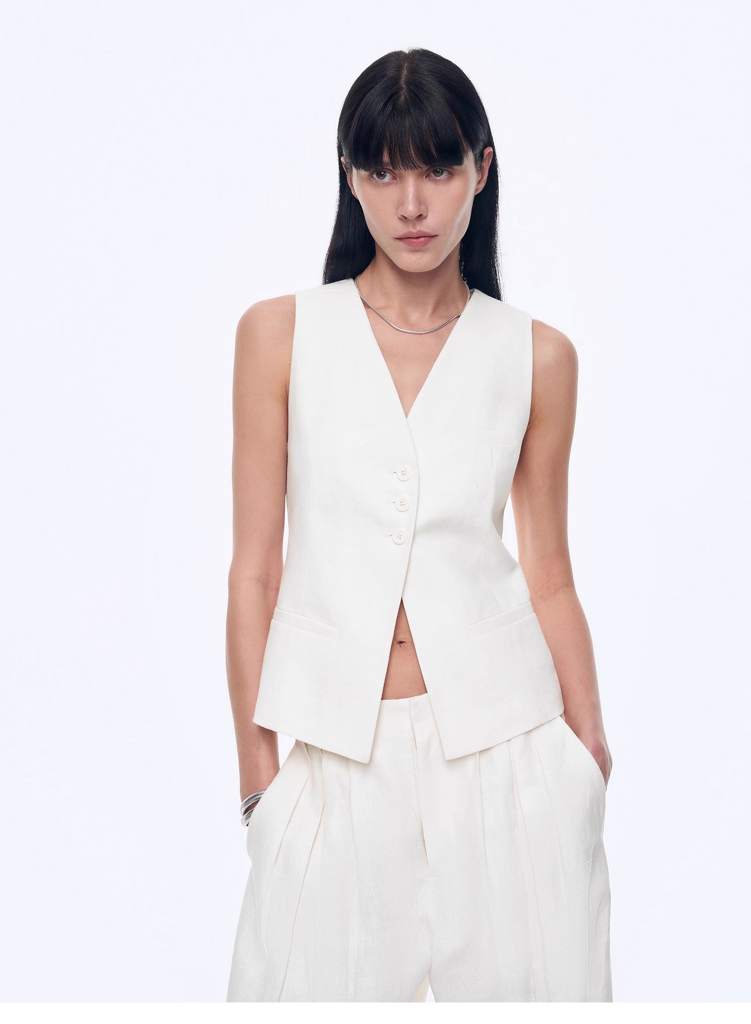 Fireladyfur Women's Linen Suit Set: Draped Vest & High-Waist Straight Trousers"Old Money Space"-6