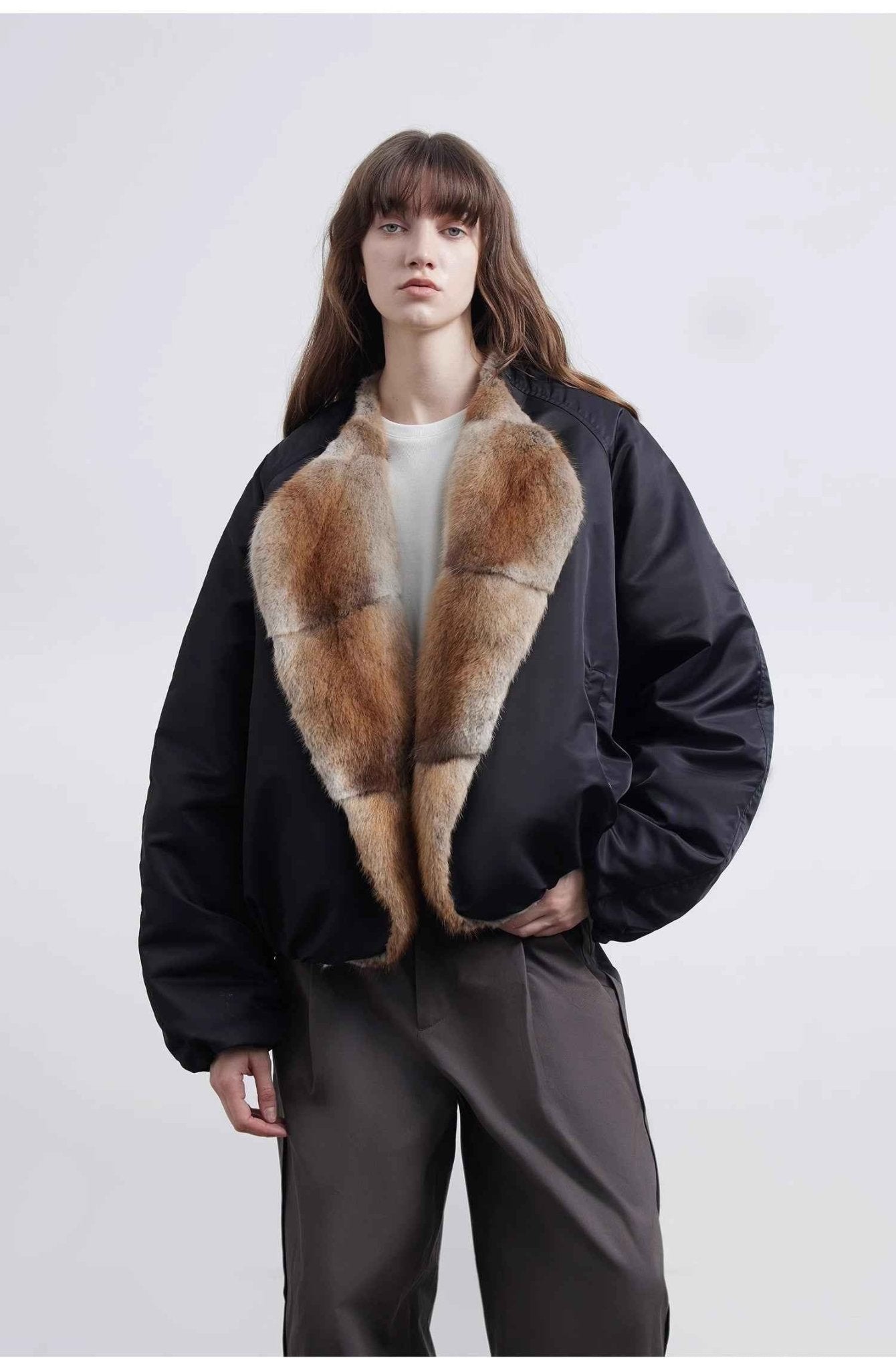 Firelady Fur women's short colorblock parka with sable muskrat fur collar and goose down insulation, stylish winter outerwear.