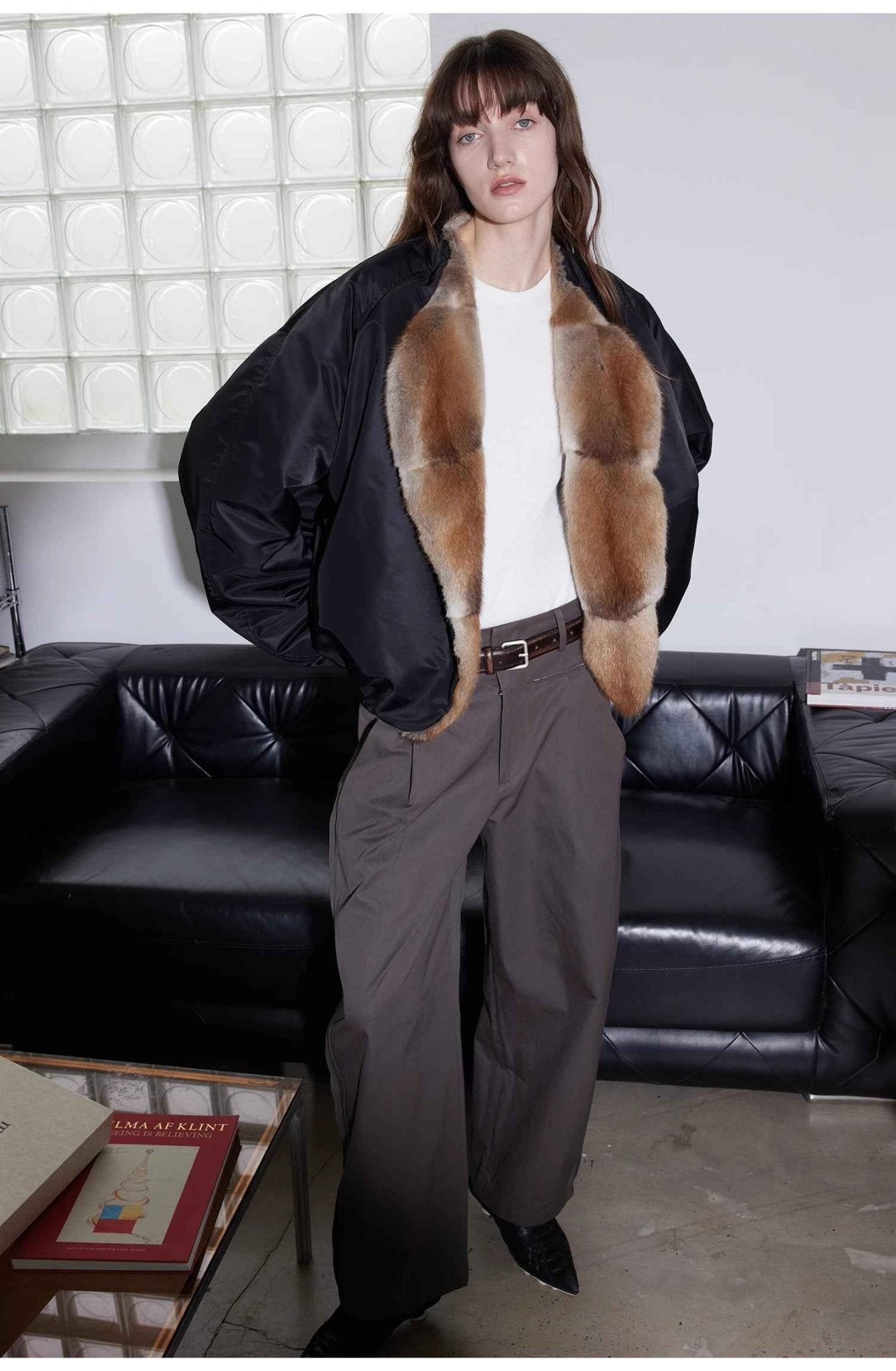 Women's short colorblock parka by Firelady Fur with sable muskrat fur collar and goose down filling.