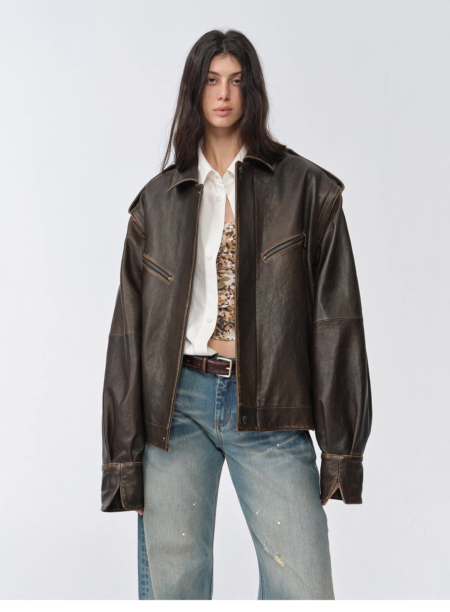 Fireladyfur Women's Two-Way Genuine Leather Jacket with Removable Sleeves"Barn Feelings"-1